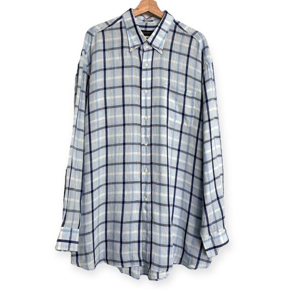 Hathaway Platinum 100% Linen Made In Italy Plaid Button Up Long Sleeve Men's XXL - Picture 1 of 10